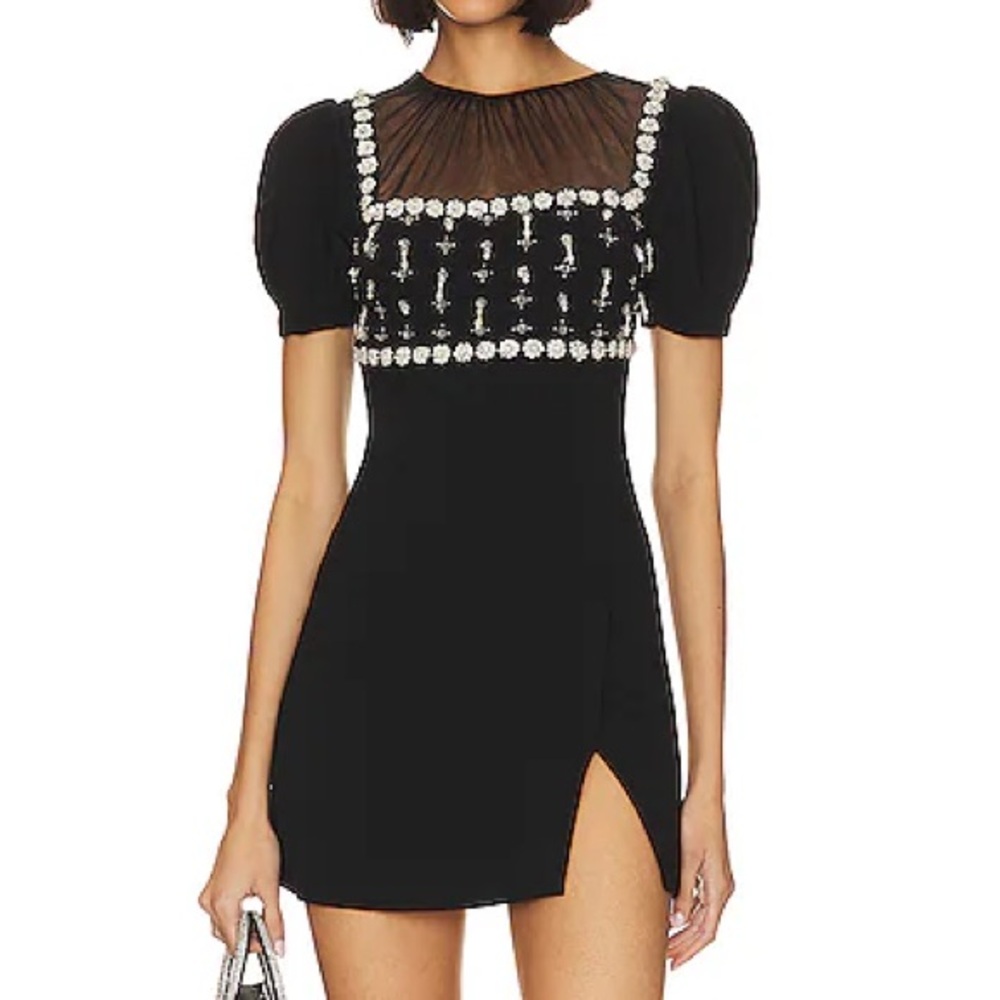 Self-Portrait Black Embellished Mini Dress Sheer Mesh Puff Sleeve